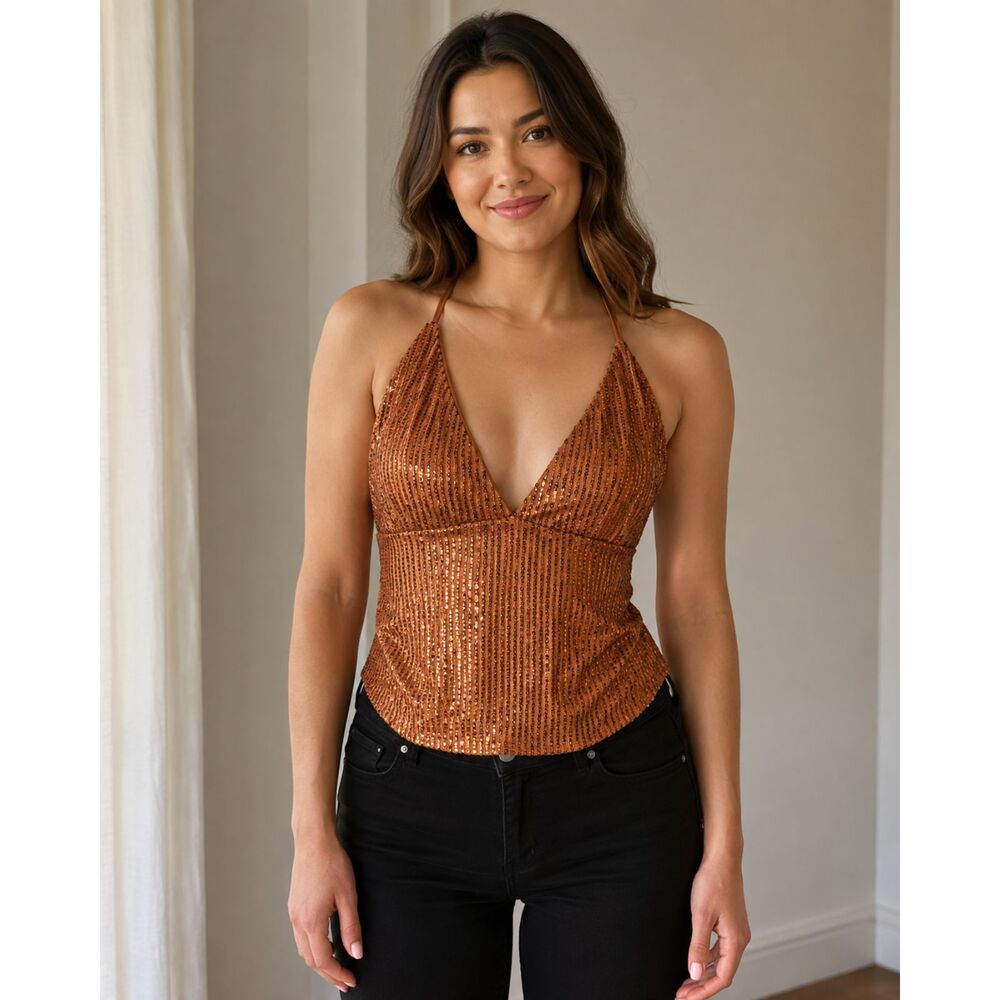 Missguided Women’s Small Copper Bronze Sequin Halter Top Backless Y2K Party